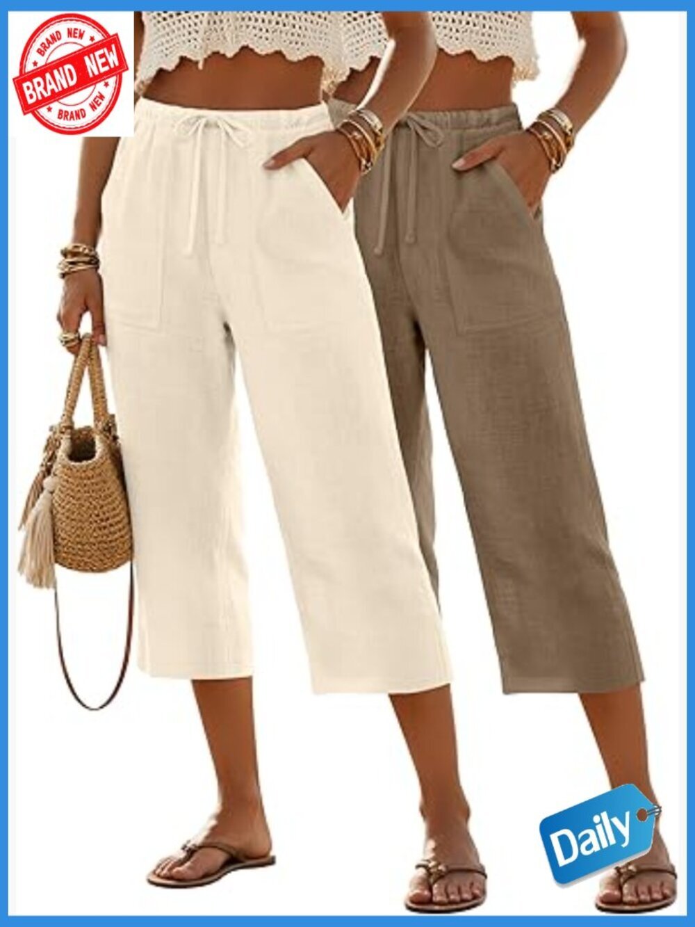 Linen Blend Wide Leg Capri Pants with Pockets Drawstring Waist 2 Pack